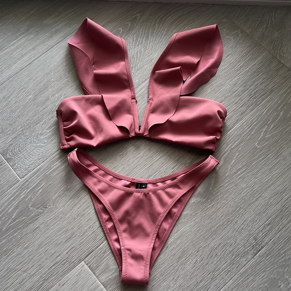 Kendall + Kylie dusty pink ruffle bikini from Revolve